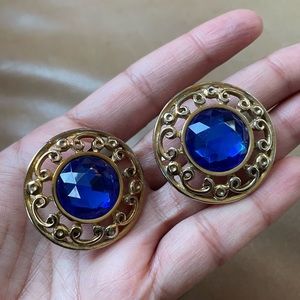 Vibrant blue and gold clip on rhinestone earrings